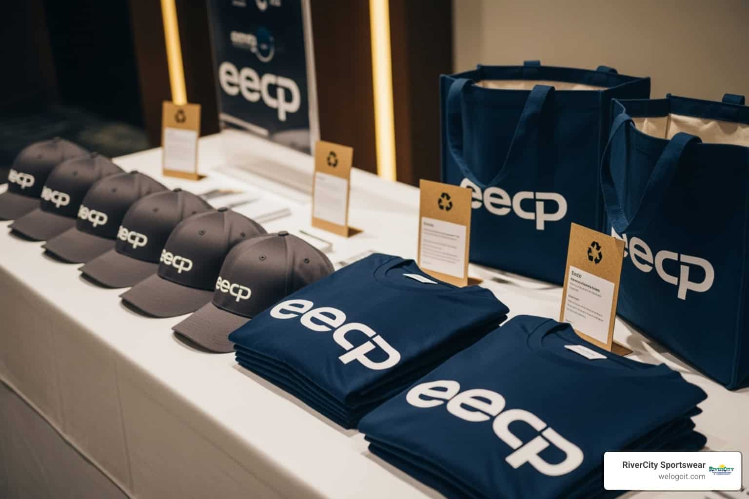 Custom merchandise in Kyle displayed on a conference/event counter.